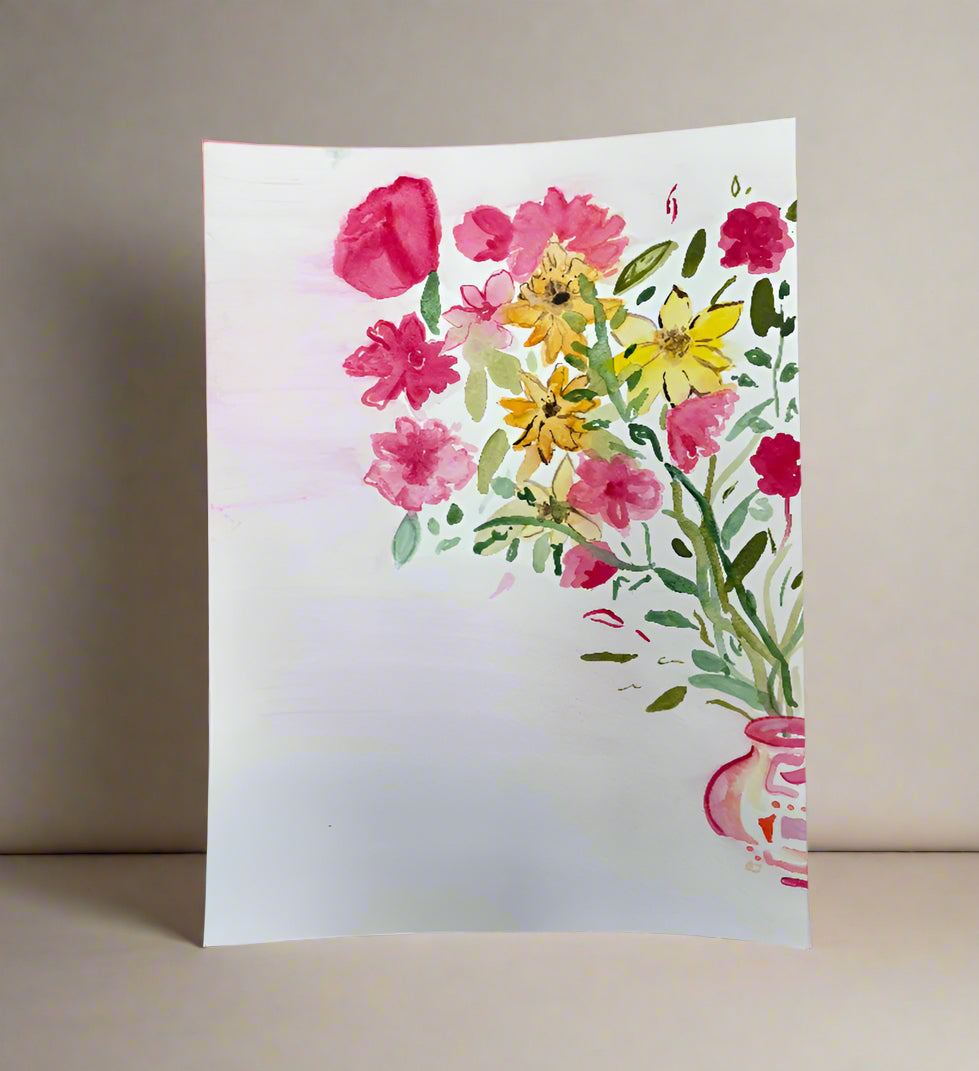 Floral painting on a white board against a beige wall