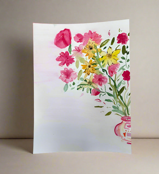 Floral painting on a white board against a beige wall