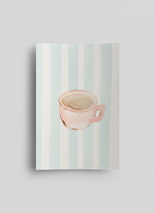 Canvas print with a pink teacup on a striped background